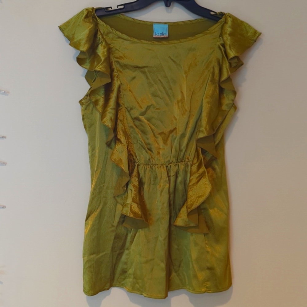 Karlie Boutique Chartreuse Olive Satin Ruffle Blouse Elastic Waist Top Size L